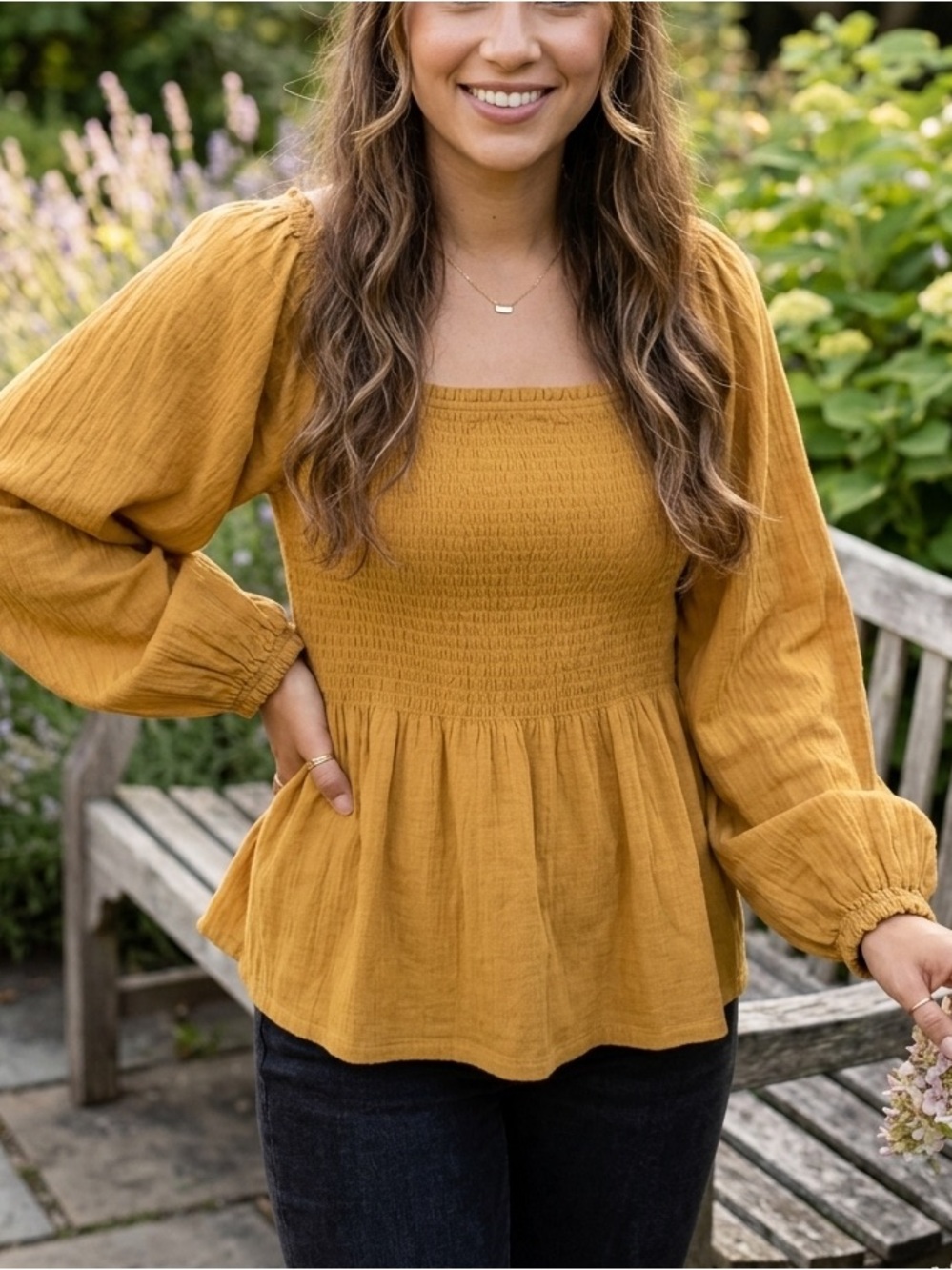 Madewell Smocked Peplum Long Sleeve Top Mustard Yellow